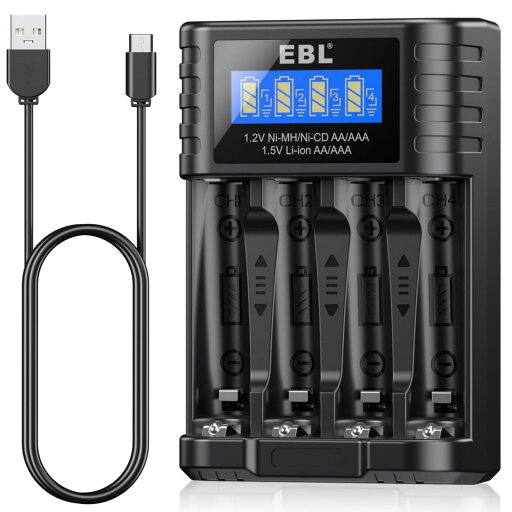EBL 電池充電器 4スロットで1.2Vニッケル水素 /1.5Vリチウム単3 単4充電池に対応 LCD充電表示 4本同時独立充電可能 単3 単4 充電器 EBL 電池充電器 4スロットで1.2Vニッケル水素 /1.5Vリチウム単3 単4充電池に対応 LCD充電表示 4本同時独立充電可能 単3 単4 充電器