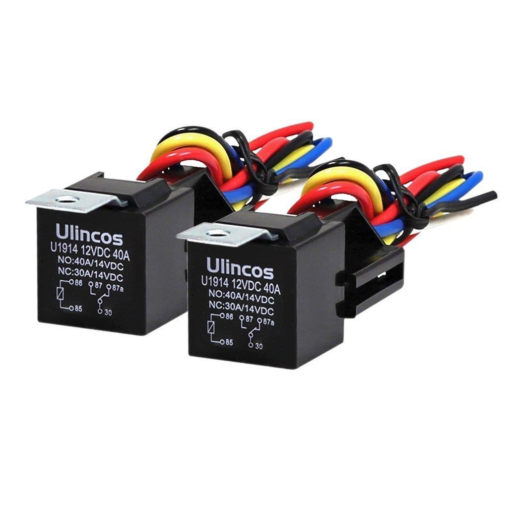 Ulincos 5極リレー U1914 DC12V車用 30/40A 1C（NO/NC） 2SQハーネス（2個セット） (5極リレー)