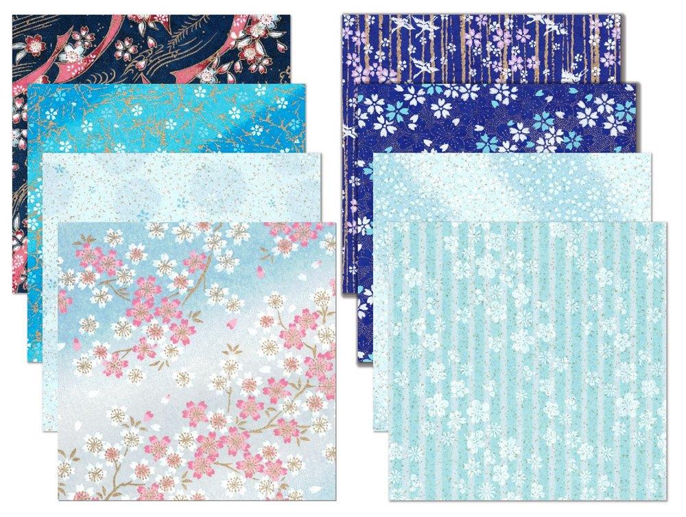 【.co.jp 限定】和紙かわ澄 特撰 青色系 手染め 千代紙 友禅和紙 15cm 8柄入