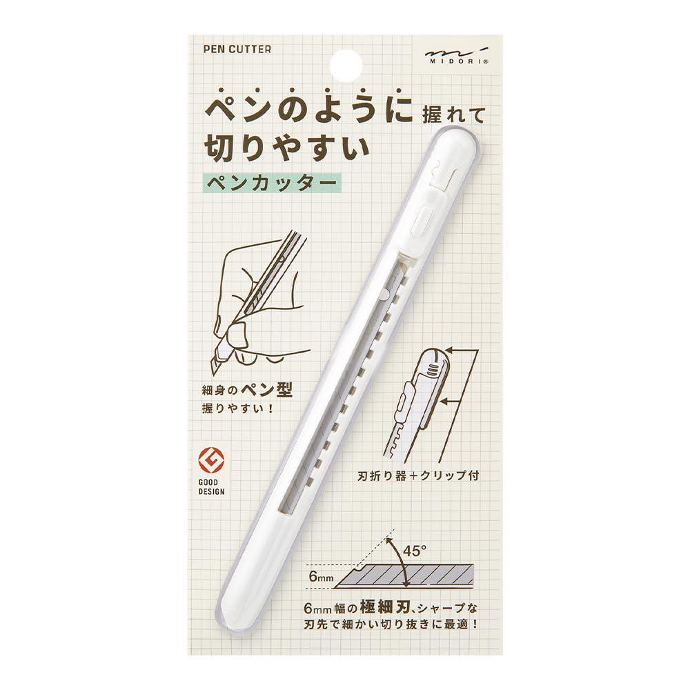 カラー：白◆商品名：ミドリ カッター ペンカッター 白 35557006ペンのように握れて切りやすいカッター握りやすい円柱形状のペン型カッターです。幅6mmの極細刃と、45度のシャープな刃先により細かい切り抜き作業に適しています。ペンのように携帯しやすいクリップ付き。【素材】本体：ポリカーボネート＋POM、刃：SK-2 鋼材【本体サイズ】∅10×137mmペンのように握れて切りやすいカッター 握りやすい円柱形状でペンを持つように握れ、細かい作業に適しています。 6mm幅の極細刃と、シャープな刃先で細かい切り抜きに最適です。 刃折り器、クリップ付き。 刃をお取替えの際は専用替刃（別売）をご使用ください。 標準型のカッター替刃（10mm幅）はご使用いただけません。 専用替刃（別売）：ペンカッター 替刃（35330006） 商品名：ミドリ カッター ペンカッター 白 35557006