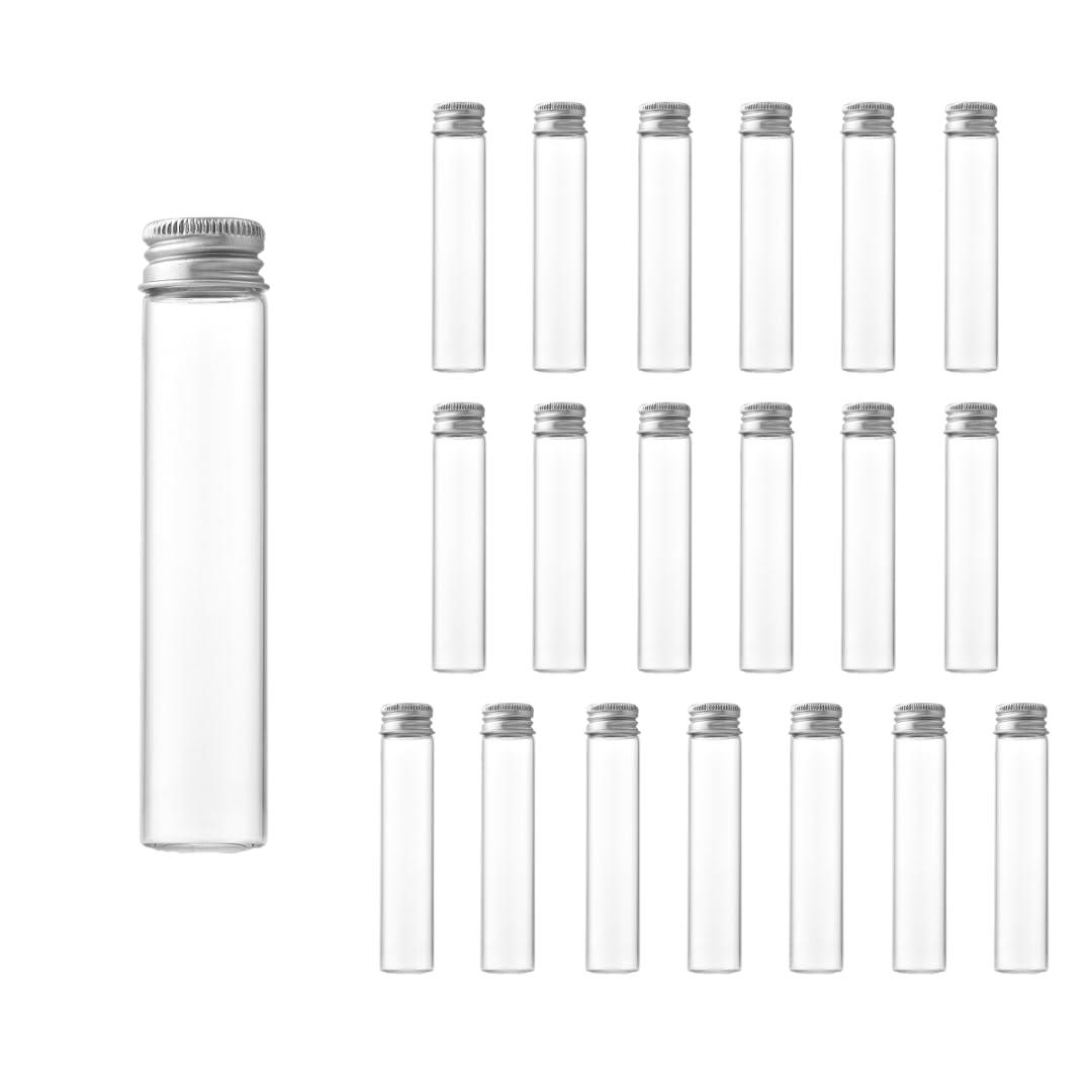 Charmoon 小瓶 透明 ガラス ミニボトル 蓋付き 密閉 小物 液体 保存 20個 セット (30ml, シルバー)