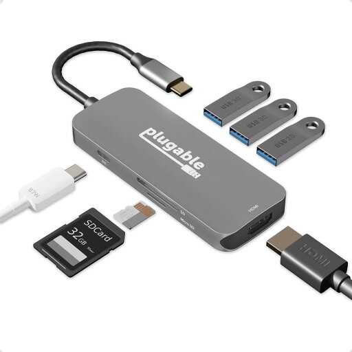 Plugable USB-C ハブ 7-in-1 マルチアダプター Windows Mac Chromebook 互換(4K HDMI、USB 3.0 ポートx3、SD/microSD カードリーダー、92W 充電)USB4、Thunderbolt 3/4 システムでも使用可 Plugable USB-C ハブ 7-in-1 マルチアダプター Windows Mac Chromebook 互換(4K HDMI、USB 3.0 ポートx3、SD/microSD カードリーダー、92W 充電)USB4、Thunderbolt 3/4 システムでも使用可