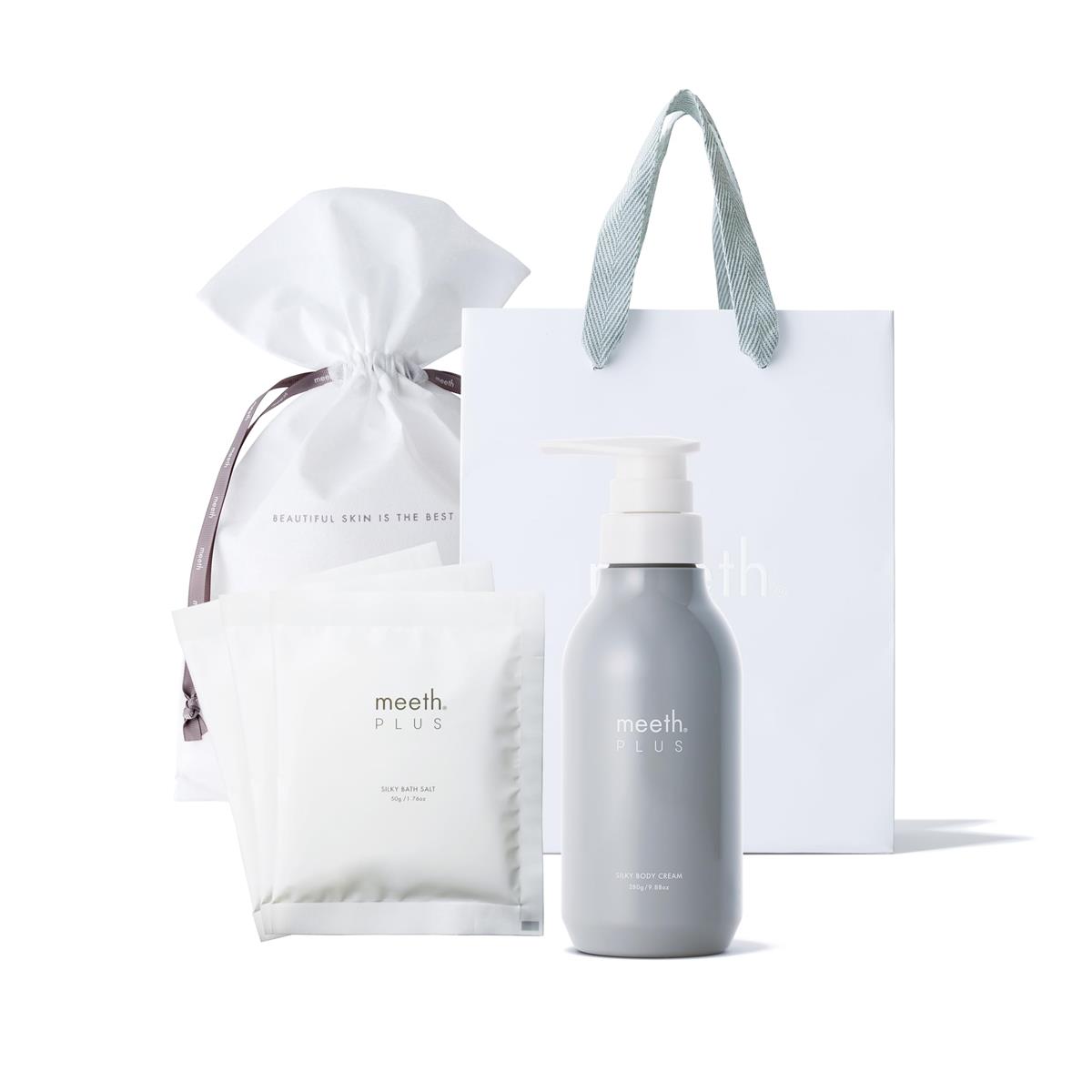 【ネット限定】ギフトセット meeth PLUS (ミース プラス) シルキーボディクリーム 280g ／ シルキーバスソルト 50g×3個 ギフトバック＆ショップバック付 プレゼント用 ギフトラッピング ボディケア 手提げ付 入浴剤