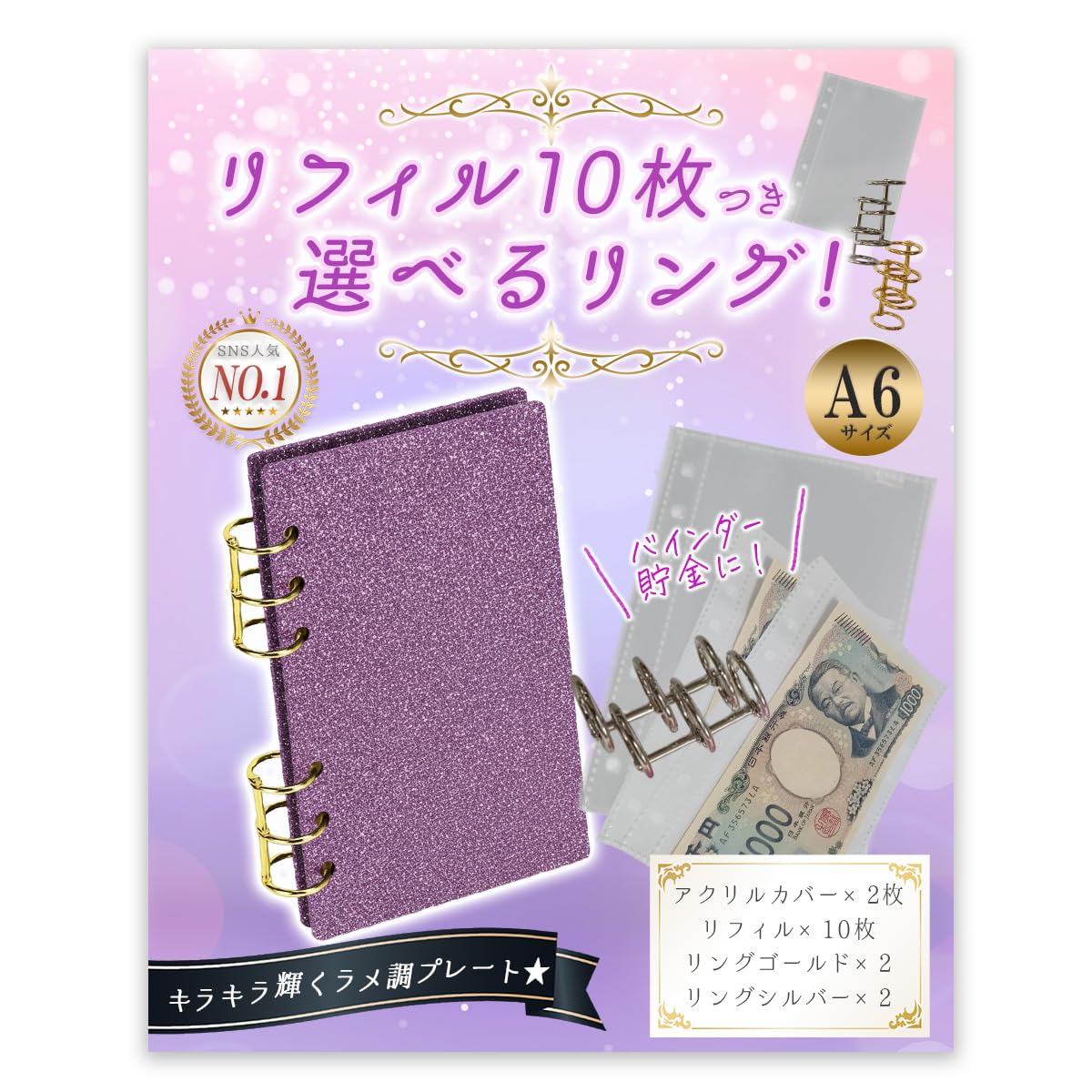 RMY.H 家計管理 バインダー 貯金 アクリルバインダー リフィル10枚付き ゴールド＆シルバーリングセッ..