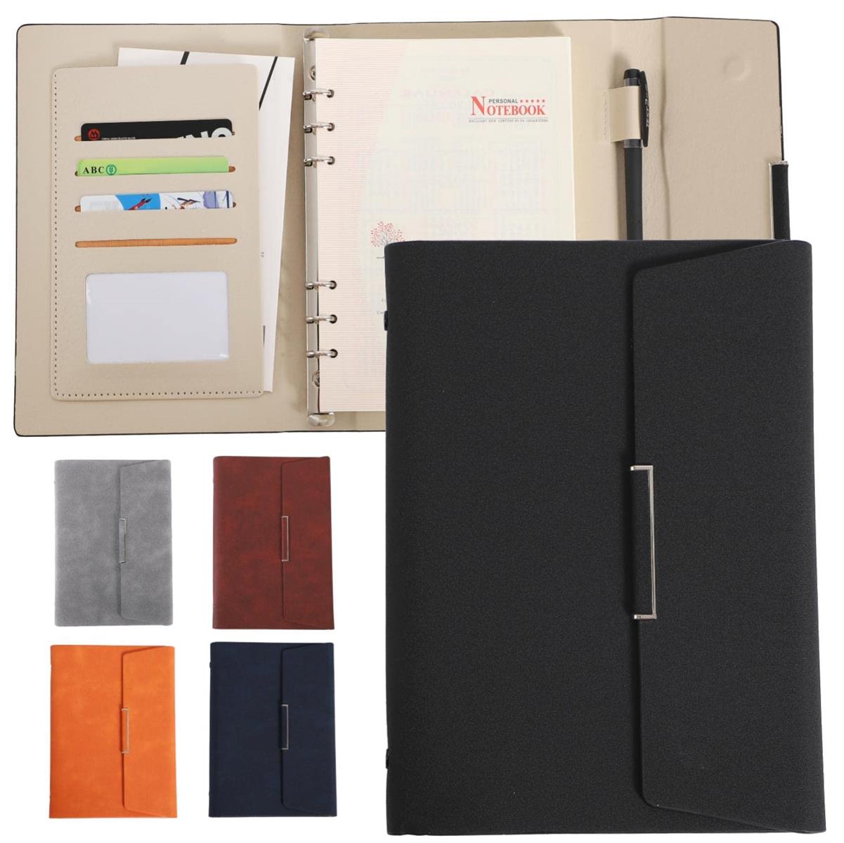 fogman システム手帳 A5 6穴 リング ノート PUレザー 三つ折り 薄型 リフィル付き (ブラック)