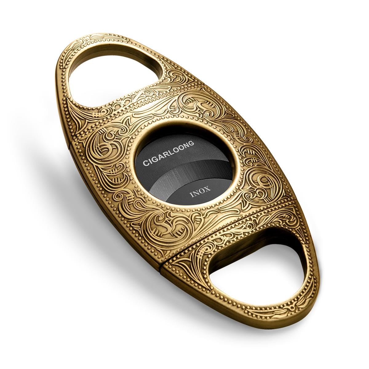 CIGARLOONGシガーカッターステンレススチールブロンズ刻印ダブルカットブレードシガーギロチン (ブラッ..