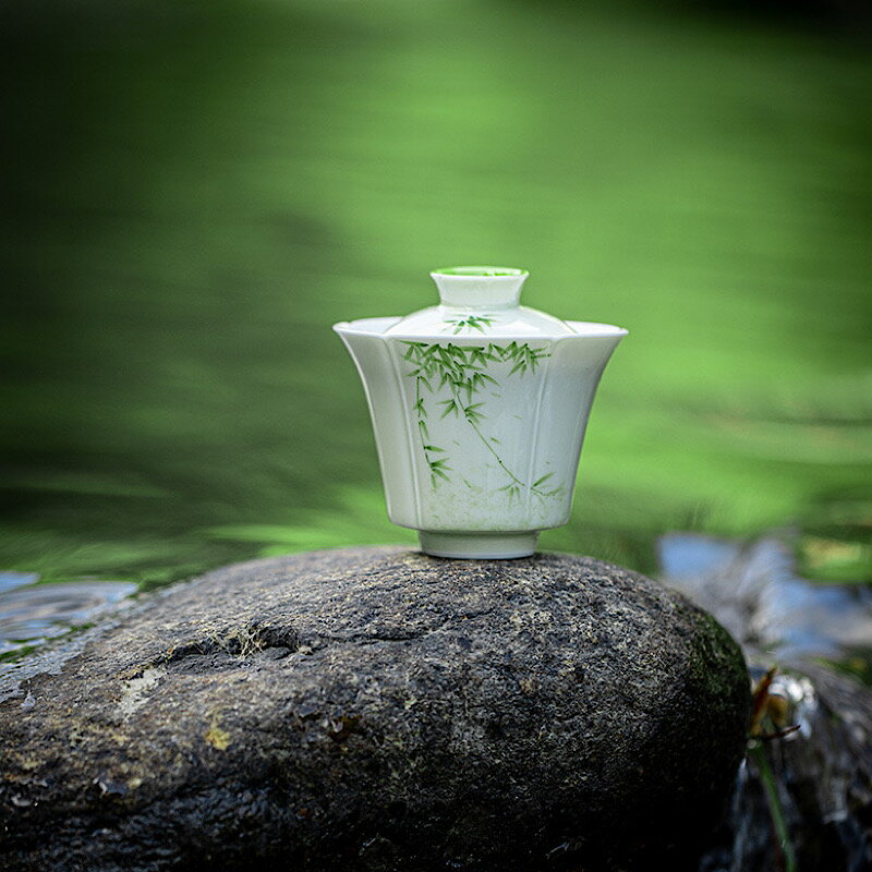 【新作】「手描き蓋碗」中国高級茶器 景徳鎮産「竹」 蓋碗 陶磁器 箱入り おしゃれ 茶道具 中国茶器 台湾茶器 烏龍茶 台湾ウーロン茶 結婚お祝い プレゼント