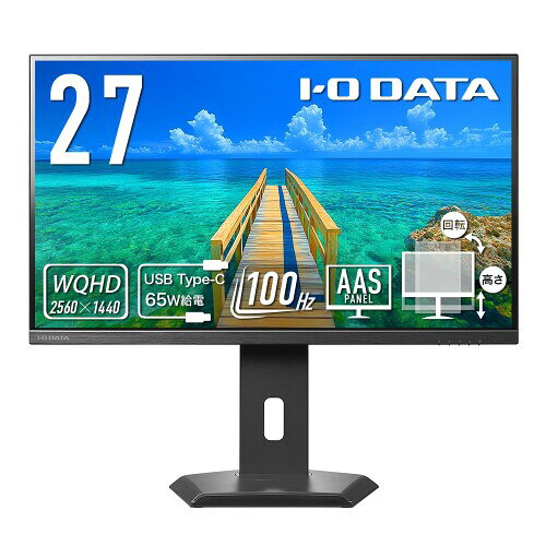 IODATA モニター 27インチ WQHD 100Hz Type-C給電 USBハブ 搭載 縦横回転 AASパネル 非光沢 ブラック 省スペース (HDMI×1/DisplayPort×1/USB-C×1/USB-A×3/スピーカー付/高さ調整/VESA対応/土日サポート/日本