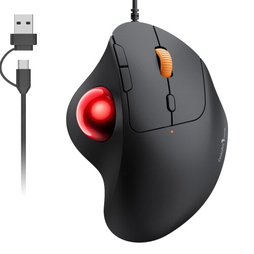 ProtoArc トラックボールマウス 有線 USB-C/USB-A両対応 4段階DPI調節可能 親指操作 マウス トラックボール 静音タイプ 5ボタン 進む/戻るボタン搭載 34mmボール Windows/Mac/Android (レッド)