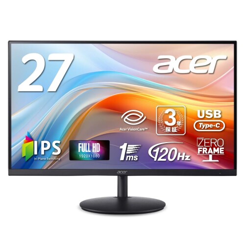 Acer モニター 27インチ フルHD 非光沢 IPS 120Hz 1ms(VRB) AdaptiveSync HDMI 1.4 Type-C・65W給電対応 スピーカー・ヘッドフォン端子 VESAマウント対応 高さ調整 ゼロフレームデザイン 3年保証(パネルは1