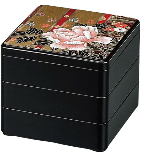 J-kitchens 御節重箱 日本製 3段 5.5寸 段付福徳 黒 ぼたん 16.5cm x 16.5cm x 15.2cm