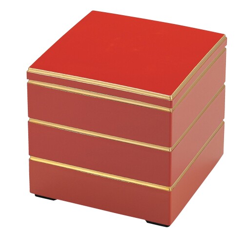 割烹漆器? 若泉漆器 重箱 6.5寸?校倉重 朱渕金（内黒）3段H-158-4A