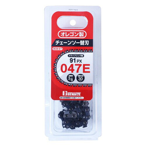 ビッグマン(Bigman) チェーンソー替刃 BCB-27 91PX-47E 【特長】チェーンソー替刃に。 【ドライブリング数】91PX-47E 【ピッチ】3/8 【バーの長さ】30cm 【対応機種】(エンジンソー)共立:CSVE3201G・CSVE3202G。日立:CS30EA。 【特長】 チェーンソー替刃に。 【仕様】 ■パッケージサイズ(mm):175×75×30 ■パッケージ重量(g):164 ■ドライブリング数:91PX-47E ■ピッチ:3/8 ■バーの長さ:30cm ■対応機種:(エンジンソー)共立:CSVE3201G ■CSVE3202G。日立:CS30EA 商品コード20077629111商品名ビッグマン(Bigman) チェーンソー替刃 BCB-27 91PX-47E型番BCB-27カラーブラック※他モールでも併売しているため、タイミングによって在庫切れの可能性がございます。その際は、別途ご連絡させていただきます。※他モールでも併売しているため、タイミングによって在庫切れの可能性がございます。その際は、別途ご連絡させていただきます。