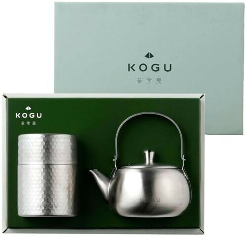 KOGU 茶考具 ギフト 2点セット 急須 茶筒 落としても割れない 軽量 2~3杯用 衛生的 ステンレス ツヤ消し仕上げ ギフトボックス 41319 プレゼント 誕生日 記念日 ギフト 贈り物 父の日 下村企