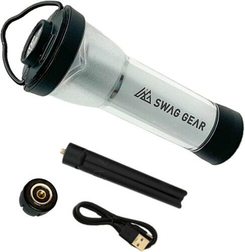 SWAG GEAR キャンプ用ランタン LEDランタン USB充電式 250LM高輝度 最大約120時間持続 無段階調光 9.8cm超ミニサイズ 【製品仕様】SWAGGEAR(スワッグギア)フラッシュライト　色:シルバー　材質:ABS+PC　サイズ:Φ3.8cmX9.8cm　重量77g　電池効率:5w　電池容量:2600mAh　明るさ:14lm〜250lm　色温度:3000k&4000k　　充電:USB Type-C　　点灯モード:フラッシュライト/ランタン(HIGH)/ランタン(LOW) 防水等級:IPX4生活防水レベル(水滴がついても壊れづらい防水性能)付属品:ライト本体×1、マグネットブラケット×1、ミニトライポッド×1 【小さい体で大きなパワー】長さ9.8cm、直径3.8cmコンパクトなサイズで、最大250lmで光ります。2600mAhバッテリー容量で点灯効率が良くて、最大120H超長い点灯することができます。 【2WAYランタン】点灯モードが3種類搭載しています。本体上部には、懐中電灯のように1点に的を絞って照らせるフラッシュライト機能付きです。カバンの中を探したい時やピンポイントに照らして作業したい時には便利! 【3種の調光可能】懐中電灯、双方向キャンプライト、片側省エネキャンプライト。連続点灯時間の目安は最長で120時間で1日点けっぱなしの状態でも5日ももつ計算になり、災害時にも強力なアシストをします。【無段階調光】全モードで無段階調光によって光の明るさを操作できます 【付属品完備】三脚スタンド、吊り上げフック、磁気ブラケットも付きフレキシブル使用、鉄製製品に取り付け可能、ブラケット付きでも使用可能です。 【注意事項】HIGHモードで長い時間点灯する場合、LEDライト式なので、ご使用には影響がないぐらい多少発熱する場合がございます。ご了承ください。何万回の実験しております、過充電資格も安全保障もしっかり取りましたので、ご心配なく使用してください。 LEDランタン 商品コード20075231153商品名SWAG GEAR キャンプ用ランタン LEDランタン USB充電式 250LM高輝度 最大約120時間持続 無段階調光 9.8cm超ミニサイズ型番A417-2カラーシルバー※他モールでも併売しているため、タイミングによって在庫切れの可能性がございます。その際は、別途ご連絡させていただきます。※他モールでも併売しているため、タイミングによって在庫切れの可能性がございます。その際は、別途ご連絡させていただきます。