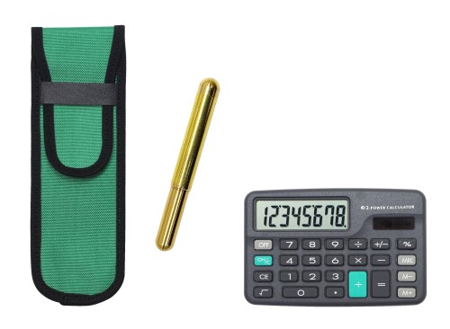 ミニ電卓付 布ペンケース緑 2023年型真鍮無垢ネジキャップ式弾丸ボールペンセット T23-D-NK02G-EGS2023