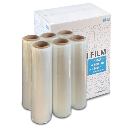 ストレッチフィルム15μm相当 長さ300m 幅500mm 手巻き用 6本