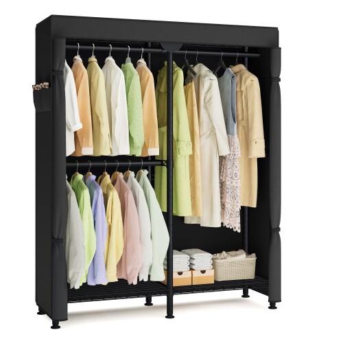 Rakuten - SONGMICS ハンガーラック 洋服かけスチールラック 2段式衣装ラック カバー付属 ワードローブ 幅120×奥行40×高さ193cm 業務用 全体耐荷重243kg 棚・フック付き ブラック LGR424BH01