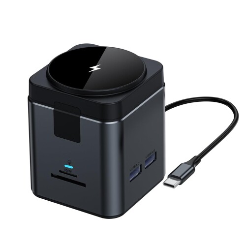 マグネット式 ワイヤレス充電ステーション 9in1 L-MG9IN1-DG 【本体サイズ】約64.5×64.5×79mm 【本体重量】約305g 【ポート数】8(参照:各ポート詳細)【入力】(Type-C)5V3A/9V3A/12V3A/15V3A/20V5A、100Wmax. 【Wireless出力】15Wmax. 【Wireless入力対応機器】iPhone8以降、ワイヤレス充電対応スマホ機種、AirPods ※マグネット式非対応機器は、平らに置いてご使用ください。 ※充電は接続機器が仕様に対応している必要がございます。 【iPhone充電部角度調整範囲】約80度 【対応OS】Android、Windows11/10/8.1/8、MacOS10.14以降 【対応メディア】SD&MicroSDカード:SD/SDHC/SDXC各容量最大速度規格UHS-I ※UHS-II以上の速度に対応しておりません。 ※複数カードの同時使用はできません 【ホスト側インターフェース】USB3.1Type-C5-20V(0〜4.5A)87W/PD3.0 【電源供給】バスパワー・セルフパワー(PD対応のACアダプター及びケーブル ※別売を使用し、セルフパワーとして使用可能)【動作確認LED】デバイスに接続すると点灯 【推奨使用環境温度】5[度]〜45[度] 【保護回路】過電圧、過電流、過熱、短絡保護回路内蔵 【認証】CE、FCC、RoHS PC、タブレットを拡張しながらiPhoneをマグネット充電可能 コンパクト設計なので持ち運びも楽々　自宅でもオフィスでも 商品コード20076219293商品名マグネット式 ワイヤレス充電ステーション 9in1 L-MG9IN1-DG型番L-MG9IN1-DGサイズ約64.5&times;64.5&times;79mmカラーブラック※他モールでも併売しているため、タイミングによって在庫切れの可能性がございます。その際は、別途ご連絡させていただきます。※他モールでも併売しているため、タイミングによって在庫切れの可能性がございます。その際は、別途ご連絡させていただきます。