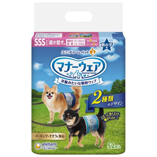 マナーウェア 犬用 おむつ 男の子用 SSSサイズ 超小型犬用 青チェック 紺チェック 416枚 (52枚×8袋) おしっこ ペット用品 ユニチャーム SSS (52枚×8) お出かけ・お部屋でのマーキング・そそうに対処。旅行、ドライブ、お散歩に 洋服感覚、2種のおしゃれなデザイン 「くるっと巻くだけスリムフィット形状」で、簡単装着&嫌がらない SSSサイズ 適用体重:1.5kg~3.0kg 胴回り:15~30cm 商品サイズ(幅×奥行×高さ)210mm×115mm×260mm パッケージのデザイン変更に伴い、掲載画像とは異なったデザインの商品が届く場合がございます対処。あらかじめご了承ください対処。 内容量:416枚(52枚×8) 原産国:日本 商品紹介 お出かけ ■お部屋でのマーキング ■そそうも安心!!くるっと巻くだけの「スリムフィット形状」で、動き回るワンちゃんでも簡単に装着でき嫌がりません。お肌にやさしい「やわらか全面通気シート」を採用。「ぐるっとぴたりギャザー」と「安心スリム吸収体」でモレ安心。「つけ直しラクラクテープ」で何度でもつけ直しができ、簡単に装着できます。 原材料 ■成分 表面材 ポリオレフィン ■ポリエステル不織布、吸収材 吸水紙 ■綿状パルプ ■高分子吸収材、防水材 ポリエチレンフィルム、止着材 ポリオレフィン、伸縮材 ポリウレタン、結合材 ホットメルト接着剤、外装材 ポリエチレン 使用方法 ■「まえ」と書いてあるほうが前足側です。前足側からのオシッコのモレを防ぐために、前後でギャザーの設計を変えています。 ■白い吸収体の面を上にして、製品を広げた状態でお腹の下側にもってきます。 ■左手でワンちゃんと製品をしっかり抑えながら、体にフィットするように、しっかりしめてください。 ■しっかりしめながら、製品の吸収体面と白いテープをくっつけてしっかり止めてください。テープは付け直しが出来ます。 ■最後にギャザーを外側に出して製品がしっかり性器を覆っていることを確認してください。 商品コード20081063424商品名マナーウェア 犬用 おむつ 男の子用 SSSサイズ 超小型犬用 青チェック 紺チェック 416枚 (52枚&times;8袋) おしっこ ペット用品 ユニチャーム SSS (52枚&times;8)型番4520699636596サイズSSSサイズ 青チェック・紺チェックカラー無し※他モールでも併売しているため、タイミングによって在庫切れの可能性がございます。その際は、別途ご連絡させていただきます。※他モールでも併売しているため、タイミングによって在庫切れの可能性がございます。その際は、別途ご連絡させていただきます。