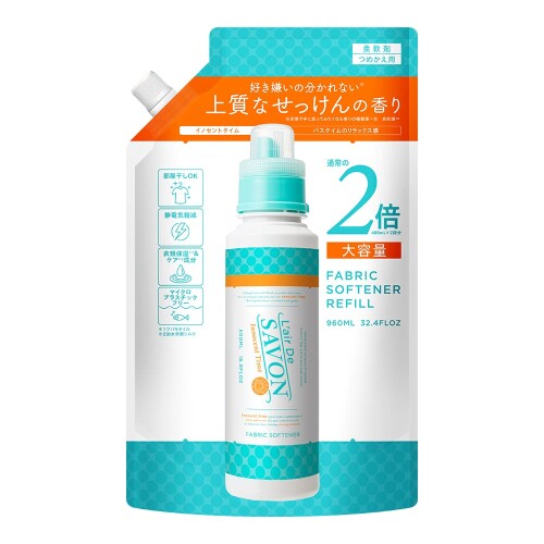 L'air De SAVON(レールデュサボン) 大容量 柔軟剤 イノセントタイム 960ml 詰め替え せっけん 男女・年齢問わず使える、上質なせっけんの香り&デザインの洗濯柔軟剤 365日使いたくなる石?の香りの柔軟剤 柔軟剤用に最適な製法で作り上げられた香水生まれの香料を使用 環境にも配慮したエコフレンドリーな柔軟剤 低刺激処方でお肌にも優しい 商品紹介 男女 ■年齢問わず使える、上質なせっけんの香り&デザインの洗濯柔軟剤 65日使いたくなる石?の香りの柔軟剤 柔軟剤用に最適な製法で作り上げられた香水生まれの香料を使用 環境にも配慮したエコフレンドリーな柔軟剤 低刺激処方でお肌にも優しい バスタイムのリラックス感を再現した、フルーティーシャボンの香り リピーターにも嬉しい! 大容量サイズ! 原産国:日本 内容量:960ml 原材料 ■成分 界面活性剤(アミド型アルキルアミン塩)、香料、繊維保湿剤(ツバキオイル)、繊維保護剤(加水分解シルク)、製品安定化剤、抗菌剤 使用方法 【ご使用方法】全自動洗濯機をご使用の場合:柔軟仕上げ剤の自動投入口に本品を入れ、洗濯してください。 二層式洗濯機 ■洗いおけをご使用の場合:すすぎの水がきれいになったら、本品を入れ、約3分回すか、浸したあと脱水してください。 【ご使用上の注意】 ■飲み物ではありません。 ■用途以外に使用しないでください。 ■子供の手の届く所に置かないでください。 ■原液が直接衣料にかからないようにしてください。洗たく機の自動投入口を使う場合は、洗たく機の取り扱い説明書に従ってください。 ■ご使用後は必ずしっかり蓋をしめてください。 ■購入後はお早めにお使いください。 ■天然由来成分配合のため、保管状況により分離 ■固化 ■変色する場合がありますが、品質に問題はありません。よく振ってからお使いください。 ■高温や低温の場所、および直射日光のあたる場所には置かないでください。 ■他の製品や水と混ぜないでください。 【応急処置】 ■目に入ったときには、こすらずにすぐに水で洗い流してください。 ■万一飲み込んだ場合は、吐かずに口をすすぎ、水を飲むなどの応急処置をしてください。 ■異常が残る場合は医師に相談してください。 商品コード20082114142商品名L'air De SAVON(レールデュサボン) 大容量 柔軟剤 イノセントタイム 960ml 詰め替え せっけん型番311229734サイズ詰め替え (1個)カラー【バスタイムのリラックス感を感じる香り】イノセントタイム※他モールでも併売しているため、タイミングによって在庫切れの可能性がございます。その際は、別途ご連絡させていただきます。※他モールでも併売しているため、タイミングによって在庫切れの可能性がございます。その際は、別途ご連絡させていただきます。