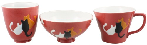 Teacup Sets - 波佐見焼 大新窯 トリオセット (化粧箱入) 三匹ネコ レッド 280094