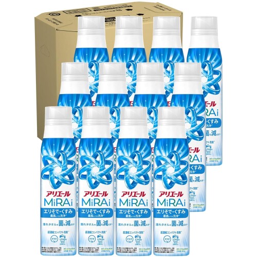 アリエール ミライ 超濃縮 液体460g×12本 エリそで・くすみ最高レベル洗浄 コンパクト 洗濯洗剤 本体ボトル大 MiRAi(ミライ)の洗濯洗剤は、香りでごまかさず、新品級に消臭!1 1 P&G調べ。汚れ・ニオイの度合いにより異なります。 超濃縮洗剤。2　同じ量で洗える回数は約2倍(当社非濃縮洗剤比。)2 アリエール濃縮洗剤史上。 エリそで・くすみ。最高レベル洗浄。2 洗濯槽の防カビも!3 3 カビを除去するわけではありません。 タテ・ドラム式OK!自動投入にもおすすめ 商品紹介 100人中87人が実感　新品級に消臭*1 エリそで ■くすみ　最高レベル洗浄* 濡れタオルの菌を減らす*2 洗濯槽の防カビ*3 清潔でさわやかな香り タテ ■ドラム式OK! すすぎ1回OK *アリエール濃縮液体洗剤史上 *1 P&G調べ。ニオイの度合いで消臭の程度は異なります。 *2 接種直後の生菌数と比べ、18時間後に生菌数が同等又は減少したことにより、菌の増殖を防ぐことによる。特定の菌種において試験。全ての菌の増殖を防ぐわけではありません。 *3 カビを除去するわけではありません。 アリエール 洗濯洗剤 MiRAi 超濃縮コンパクト洗剤* エリそで ■くすみ最高レベル洗浄* 原材料 ■成分 界面活性剤(48%:ポリオキシエチレンアルキルエーテル、直鎖アルキルベンゼンスルホン酸塩、アルキルエーテル硫酸エステル塩)、安定化剤、分散剤、香料、洗浄助剤、蛍光増白剤、酵素 商品コード20081699455商品名アリエール ミライ 超濃縮 液体460g&times;12本 エリそで・くすみ最高レベル洗浄 コンパクト 洗濯洗剤 本体ボトル大※他モールでも併売しているため、タイミングによって在庫切れの可能性がございます。その際は、別途ご連絡させていただきます。※他モールでも併売しているため、タイミングによって在庫切れの可能性がございます。その際は、別途ご連絡させていただきます。