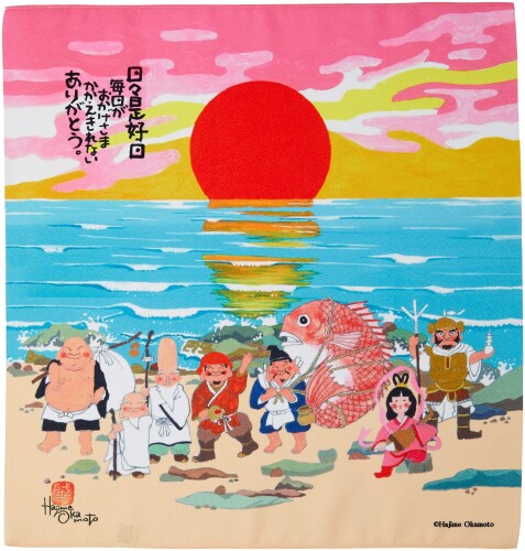 丸全 日本製 風呂敷 ポリエステル 中巾 岡本肇 七福神 48×50cm