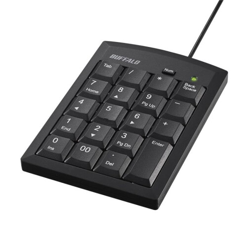 バッファロー テンキー 有線 USB Type-A Tabキー 00キー キーボード 薄型 外付け メンブレン BSTK135BK 【Excel入力に便利な有線テンキー】WindowsパソコンのUSB Type-Aポートにつなぐだけですぐに使える有線テンキーボードです。ケーブル接続を採用しているため、安定した入力で作業の効率化をサポートします。 【セル移動に便利なTabキー】Excelでのセル移動やフォーム入力に便利なTabキーを搭載。Enterキーと組み合わせることで、Excelでの表作成にかかる時間を短縮できます。 【高額な数字も短時間で入力】0キーと00キーを搭載。予算作成や会計など、大きな数字を入力する際の作業時間を短縮できます。 【打ちやすいデザイン】余裕のある19mmキーピッチに加え、傾斜のついたデザインを採用。底面にはすべり止め用のラバーフットも付いているので、快適に入力いただけます。 【NumLock問題を解消】接続先のパソコンと本商品のNumLockを同期しないよう設計。意図しない数字入力を防ぎ、入力時のストレスを削減します。 ■対応OS:Windows 11 / 10 ※Windows 10は64ビット/32ビット両対応 ※日本語OSのみサポートしています。詳細な対応情報はバッファローWebページをご確認ください。 ■インターフェース:USB Type-A ■キースイッチ:メンブレン ■寸法:約W91×D127×H27 mm ※ケーブル含まず ■電源方式:バスパワー ■ケーブル長:約0.8m ※本体直付け ■主な付属品:取扱説明書(保証書) ■保証期間:6カ月 商品コード20081533552商品名バッファロー テンキー 有線 USB Type-A Tabキー 00キー キーボード 薄型 外付け メンブレン BSTK135BK型番BSTK135BK※他モールでも併売しているため、タイミングによって在庫切れの可能性がございます。その際は、別途ご連絡させていただきます。※他モールでも併売しているため、タイミングによって在庫切れの可能性がございます。その際は、別途ご連絡させていただきます。