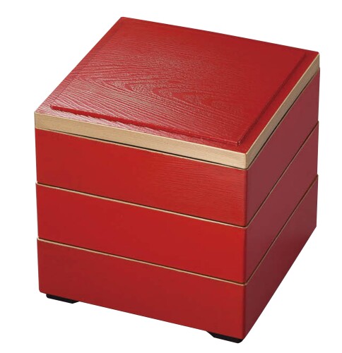 割烹漆器 若泉漆器 ミニお重箱 5寸木目重朱渕金（内黒）3段 H-155-80A