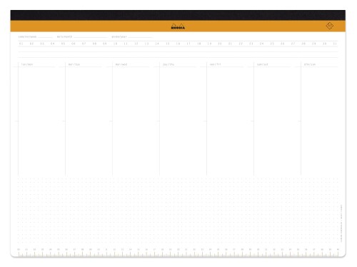 RHODIA メモ帳 デスクパッド スケジュール帳 『ウィークリーデスクプランナー』 A3+(42×31.2cm) 60枚入 RHODIA cf194041 オレンジ 簡易デスクパッドとしても使え、週単位でスケジュールを管理できる2 in1ウィークリープランナー。 サイズ:A3+(42×31.2cm) 用紙:60枚 紙重量80g/m2 裏面滑り止め加工・マイクロカット加工・定規目盛り付き PEFC認証取得(PEFC/31-44-1450) 簡易デスクパッドとしても使え、週単位でスケジュールを管理できる2 in1ウィークリープランナー。 日付は自身で自由に記入できるフリーライティング形式のスケジュール帳。 プランナー下部にあるフリーノートスペースと併用し自分好みのカスタマイズをお楽しみください。 裏面には滑り止め加工。 商品コード20063999567商品名RHODIA メモ帳 デスクパッド スケジュール帳 『ウィークリーデスクプランナー』 A3+(42&times;31.2cm) 60枚入 RHODIA cf194041 オレンジ型番cf194041サイズA3+カラーオレンジ※他モールでも併売しているため、タイミングによって在庫切れの可能性がございます。その際は、別途ご連絡させていただきます。※他モールでも併売しているため、タイミングによって在庫切れの可能性がございます。その際は、別途ご連絡させていただきます。
