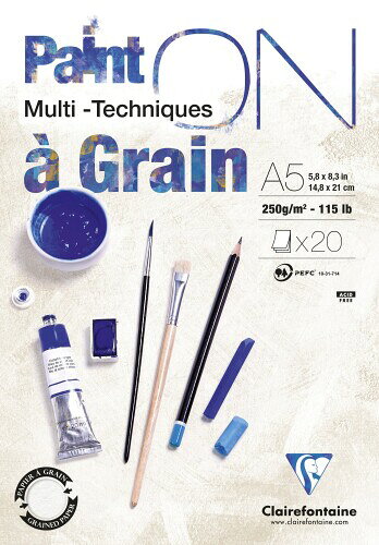 クレールフォンテーヌ ペイントオン A5 パッド with Grain 20枚 250g/m2 ミックスメディアペーパー PEFC認証取得 アシッドフリー ISO9706基準 水彩 油彩 パステル アクリル インク 鉛筆 Clairefontaine cf975048 デッサンはもちろん、水性、油性問わず、様々な表現方法に適したミックスメディアペーパー(セルロース100%) サイズ:A5　枚数:20枚 用紙の色:ホワイト 適した技法:鉛筆、インクペン、水彩絵具、油絵具、パステル、アクリル絵具、フェルトペン、ガッシュ 他 保存性:アシッドフリー、中性紙、ISO9706取得 ホワイトペイントペーパー: この100%セルロース紙は、ドライテクニックとウェットテクニックの完璧な妥協点です。 重量感があるため、この万能紙は傷がつきにくく、複数のコーティングをサポートします。 吸収力も良好です。深めの粒度:このホワイトペーパーは両面です。 一方で、その非常に顕著な粒子は、レリーフが必要な作品を可能にします。 一方、ほぼ滑らかな表面は、精密を必要とするプロジェクトに適しています。マルチテクニカルペーパー: 本物のミックスメディア。この紙は、鉛筆、フェルトペン、ペンで描くのに適していますが、ガッシュ、インク、アクリルにも完璧です。A5 サイズ: この20枚入りの接着パッドは、お金の価値に優れた製品をお探しの方に最適です。 。 その仕上げにより、作品を破ることなく簡単に取り外すことができます。無酸性: このPEFC認定紙は酸性でpH中性で、時間の経過とともに描画を完璧に保存できます。ファインアートスペシャリストパーエクセレンス: Clairefontaine Rhodiaは、お客様のニーズとすべての描画技術に適合した高品質の製品を提供しています。 商品コード20082059652商品名クレールフォンテーヌ ペイントオン A5 パッド with Grain 20枚 250g/m2 ミックスメディアペーパー PEFC認証取得 アシッドフリー ISO9706基準 水彩 油彩 パステル アクリル インク 鉛筆 Clairefontaine cf975048型番975048CサイズA5カラーwith Grain※他モールでも併売しているため、タイミングによって在庫切れの可能性がございます。その際は、別途ご連絡させていただきます。※他モールでも併売しているため、タイミングによって在庫切れの可能性がございます。その際は、別途ご連絡させていただきます。