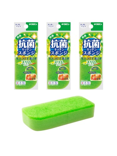 キクロン キッチンスポンジ スリム 抗菌 グリーン 1個入×3 スポンジも不織布も両面まるごと抗菌加工 洗いやすいリーフ形状 日本製 クリピカ