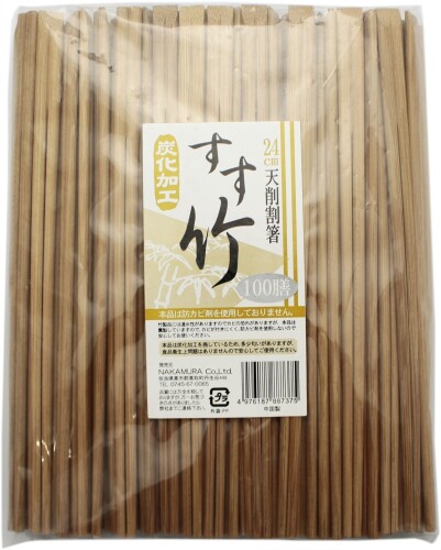 中村 割り箸 すす竹 天削 100膳入り 24cm 本体サイズ:約1.2×24×0.5cm(1膳あたり) 素材・材質:すす竹 原産国:中国 ■業務用にもおすすめの、すす竹割箸 ■丈夫で折れにくく、すべりにくいのが「竹」 ■木の成長が早く、きれいに割れるのも竹割ばしの特徴 ■竹は、成長が非常に早いので、森林資源の保存に役立つ ■すべりにくくて使いやすく、和食、中華料理、麺類にも最適 ■「天削(てんそげ)箸」とは、箸の天(頭部)を大きく斜めにカットした形状の割りばし ■アウトドアや行楽などで大活躍 ■学校行事や自治会ごと、レストランや飲食店など、業務用に最適な100膳入り ■食べこぼしの多いお子様にも安心してお使いいただける ■一般的なサイズの割ばしより少し長めで使いやすい ■防カビ剤不使用 ■竹製品には通気性があるのでカビの恐れがあるが、本品は薫製しているので、カビが付きにくく、防カビ剤を使用しないので安心して使える ■ ※炭化加工を施しているため、多少匂いがありますが、食品衛生上問題はありません 商品コード20013359664商品名中村 割り箸 すす竹 天削 100膳入り 24cm型番4976187887375サイズ24cmカラーブラウン※他モールでも併売しているため、タイミングによって在庫切れの可能性がございます。その際は、別途ご連絡させていただきます。※他モールでも併売しているため、タイミングによって在庫切れの可能性がございます。その際は、別途ご連絡させていただきます。