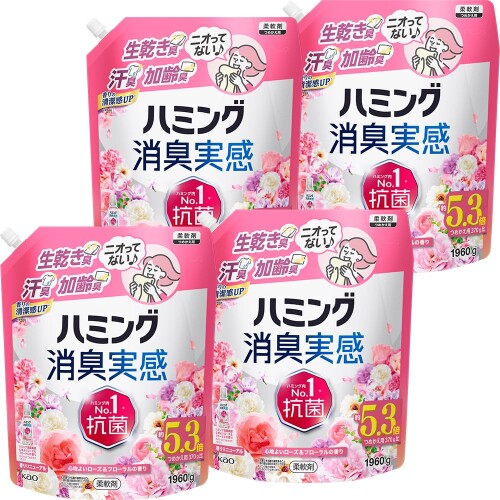 ハミング消臭実感 生乾き臭・汗臭・加齢臭ニオってない 心地よいローズ＆フローラルの香り つめかえ用 1960g×4個 生乾き臭・汗臭・加齢臭ニオってない ハミング内No.1抗菌 洗たく槽も防カビ 花粉ブロック(静電気を防ぐ) 心地よいローズ&フローラルの香り 商品紹介 生乾き臭 ■部屋干し臭 ■汗臭 ■加齢臭　ニオってない♪ ■ハミング内No.1抗菌 ※　 ※1抗菌できる菌が複数あること。一部の菌は数回の洗たく。 ※2すべての菌の増殖を抑えるわけではありません。　 ■洗たく槽も防カビ(すべてのカビの増殖を抑えるわけではありません) ■花粉ブロック(静電気を防ぐ) ■お花の香りと清潔感で、家族で使える心地よいローズ&フローラルの香り 原材料 ■成分 界面活性剤(エステル型ジアルキルアンモニウム塩)、安定化剤、香料 使用方法 洗濯機の洗い上げ時に、洗濯槽に適量を加える。 商品コード20081795673商品名ハミング消臭実感 生乾き臭・汗臭・加齢臭ニオってない 心地よいローズ＆フローラルの香り つめかえ用 1960g&times;4個型番4901301470225サイズつめかえ 1960g&times;4個※他モールでも併売しているため、タイミングによって在庫切れの可能性がございます。その際は、別途ご連絡させていただきます。※他モールでも併売しているため、タイミングによって在庫切れの可能性がございます。その際は、別途ご連絡させていただきます。