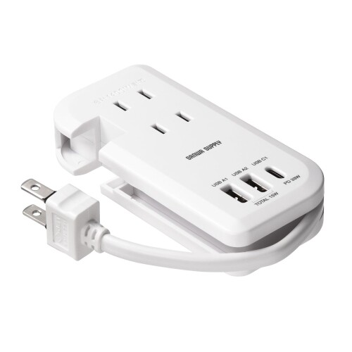 サンワサプライ 電源タップ コード巻き取り式 PD33W (ACコンセント3個口＋Type-C×1＋USB-A×2) モバイル 小型 ホワイト TAP-MCU3W