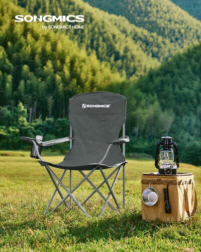 SONGMICS アウトドアチェア 2脚セット 耐荷重150kg ハイバック 軽量 コンパクト キャンプ椅子 折り畳み式 持ち運びやすい 収納ケース付 グレー 防水 アウトドア椅子 お釣り 運動会 グレー GCB 2