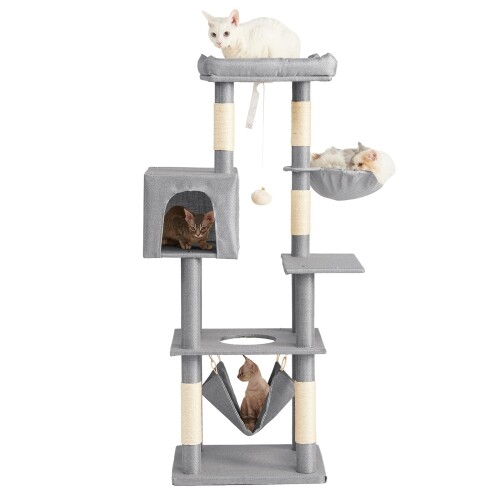 Cat Towers - AIFY キャットタワー 大型猫用 多頭飼い 省スペース スリム 据え置き 安定強化構造 ハンモック付き 隠れ家付き 爪とぎ 見晴らし台 おもちゃ付き 運動不足解消 高さ140cm