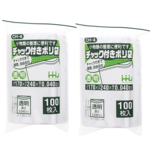ハウスホールドジャパン ポリ袋 チャック付きポリ袋 食品衛生法適合 100枚入×2セット 約24×17×0.004cm(1枚あたり) 透明 CH-4 本体サイズ:約24×17×0.004cm(1枚あたり) 素材・材質:?低密度ポリエチレン(LDPE) 原産国:中国 耐冷温度:マイナス30度 ■小物類の整理に便利なチャック付きポリ袋です。 ■チャック付きポリ袋は厚生労働省が定める輸入食品等試験検査により、食品に悪影響を及ぼす有害物質は含まれなていないことが証明されています。 ■低密度ポリエチレンなので柔らかく、よく伸びます。 ■日常使いや旅行時などに活躍します。 ■製品パーツや書類、備品の整理 ■保管にも最適です。 ※必ず商品に記載されている注意事項をよくお読みになってご使用ください。 商品コード20081749820商品名ハウスホールドジャパン ポリ袋 チャック付きポリ袋 食品衛生法適合 100枚入&times;2セット 約24&times;17&times;0.004cm(1枚あたり) 透明 CH-4型番CH-4サイズ約24&times;17cmカラー透明※他モールでも併売しているため、タイミングによって在庫切れの可能性がございます。その際は、別途ご連絡させていただきます。※他モールでも併売しているため、タイミングによって在庫切れの可能性がございます。その際は、別途ご連絡させていただきます。