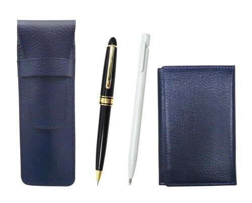 牛革青ペンケースと名刺入れ 極細ノック式消しゴム白とメタルリングキャップスライド式レトロシャープペンセット SASL-MEIL-ER15W-8838S