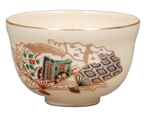 宮地英香(Miyachi Eikou) 抹茶碗 白 サイズ:直径12.4x高さ7.8cm 仁清 御所車 紙箱入