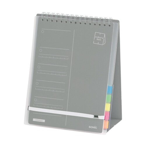 ソニック TO DOリスト ズボラ勉強 要点チェック 100日分 2連メモ スタンドタイプ グレー SP-2441-GL 1日たった2分!要点チェックするだけの勉強リストでめざせ逆転合格 商品:148×190×13mm 商品(スタンド時):148×185×85mm パッケージ:232×170×17mm 主要材質=紙、PP　付属品=ふせん(20枚×5色 100枚) スタンドさせておけば、書いた「やること」常に確認できる やること・ニガテが一目瞭然に!要領よく勉強・成績伸ばしてこう 表紙が留められる&しおり代わりに使えるバンド付　持ち運びにも 「昨日」と「今日」のページが見れる2連のメモで、前日の振り返りがしやすい 1日たった2分で「やること」「ニガテ」を一目瞭然に!100日分の勉強リスト 勉強机の上など目のつくところにスタンドさせておけば、「やること」常に確認しながら勉強できる 表紙が留められるバンド付で、持ち運びにも ■　内側のバンドにページを挟んでおけば、しおり代わりにも 「やること ■時間」書くだけ!サクッとリスト化で勉強をスムーズに始められる 「昨日」と「今日」のページが見れる2連のメモ　前日の振り返りをしながら、学習計画を立てよう 「やること」の下にある「理解度バー」は、マーカーでバーをひいてニガテを見える化!伸びしろが大きい所から効率的にやり直せる ふせん付き(20枚×5色 100枚)　分からない問題はとりあえずふせんを貼って飛ばす→後日、先生に確認で脱ダラダラ勉 【サイズ】A5変形(約H190×W148mm) 【ページ数】100ページ 商品名:ソニック TO DOリスト ズボラ勉強 要点チェック 100日分 2連メモ スタンドタイプ グレー SP-2441-GL 商品コード20081016190商品名ソニック TO DOリスト ズボラ勉強 要点チェック 100日分 2連メモ スタンドタイプ グレー SP-2441-GL型番SP-2441-GLカラーグレー※他モールでも併売しているため、タイミングによって在庫切れの可能性がございます。その際は、別途ご連絡させていただきます。※他モールでも併売しているため、タイミングによって在庫切れの可能性がございます。その際は、別途ご連絡させていただきます。