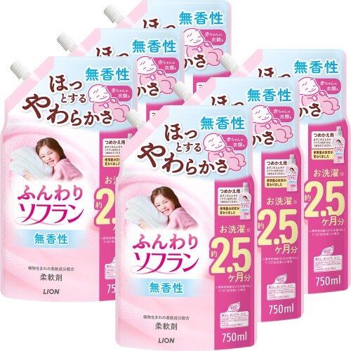 ふんわりソフラン つめかえ用×6個セット 無香性 肌にやさしい柔らかさに仕上げる柔軟剤 着色料無添加 赤ちゃんの衣類にも 植物生まれの柔軟成分がセンイの1本1本に浸透 センイの間に空気を抱きこんで、ふんわり仕上げる 香り:家族みんなで使いやすい無香性 原産国:日本 商品サイズ(幅×奥行×高さ):16.0cm×9.0cm×27.0cm 商品紹介 肌にやさしい、ほっとする柔らかさに仕上げる柔軟剤。 ■植物生まれの柔軟成分がセンイの1本1本に浸透。センイの間に空気を抱き込んで、ふんわり仕上げます。 ■静電気をおさえ、花粉 ■ほこりの付着を防止します。 ■抗菌効果でイヤなニオイも抑えます。 ■家族みんなで使いやすい無香性 ■着色料無添加 原材料 ■成分 界面活性剤(エステル型ジアルキルアンモニウム塩)、安定化剤 使用方法 全自動洗濯機の場合:柔軟(仕上げ)剤自動投入口に本品を入れて洗濯する 二槽式洗濯機、手洗いの場合:すすぎの水がきれいになったら本品を入れて約3分まわすか、ひたした後、脱水する *洗濯機の設定に「ためすすぎ」と「注水すすぎ」がある場合は「ためすすぎ」を選んでください。 使用量の目安:洗濯物量1.5kg(水量30L)に対して10ml 洗濯物量:水量:キャップ計量の目安　キャップ1杯は約42ml 6.0kg:65L:40ml、1杯 4.5kg:55L:30ml、3/4杯 3.0kg:45L:20ml、1/2杯 1.5kg:30L:10ml、1/4杯 *ドラム式洗濯機の場合は、洗濯物量の目安に従ってください。 *手洗いの場合は、洗濯物量0.5kgに対して3mlを目安にお使いください。 ■植物生まれの柔軟成分を使用しているため、保管条件により液の分離、固化が生じることがあります。購入後はできるだけお早めにお使いください。 ■高温や低温、直射日光をさけて保管してください。 商品コード20082028190商品名ふんわりソフラン つめかえ用&times;6個セット 無香性 肌にやさしい柔らかさに仕上げる柔軟剤 着色料無添加 赤ちゃんの衣類にも型番4904740688923サイズ詰替750ml&times;6個※他モールでも併売しているため、タイミングによって在庫切れの可能性がございます。その際は、別途ご連絡させていただきます。※他モールでも併売しているため、タイミングによって在庫切れの可能性がございます。その際は、別途ご連絡させていただきます。