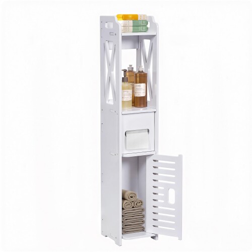 VECELO トイレ収納 トイレラック 隙間収納 幅15.5X奥行15.5X高さ80cm スリム 扉付き 組立簡単 ペーパーペーパー 省スペース 小物置き コンパクト 目隠し 安定感 トイレットティッシュ収納 コ