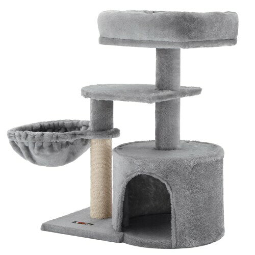 FEANDREA キャットタワー ミニ子猫やシニア猫にお勧め 省スペース 爪とぎ 高さ68cm PCT59W 【初めのタワーにピッタリ】ステップしやすく作られた段差は子猫やジャンプ力の弱い子にも簡単に登られ、運動不足やストレス解散に大変お役に立ちます。且つ支柱は全面麻紐で、思う存分ガリガリできます 【遊べるポイント満載】フワフワの広い見晴らし台、大きなサイズのゆったりハンモック、すやすや眠れる隠れ家、ガリガリできる支柱、コンパクトで猫ちゃんが喜ぶ機能いっぱいなキャットタワーです 【向きがあなた次第の隠れ家】狭いところが大好きな猫ちゃんのために、円柱型の隠れ家もご用意。さらに、ハウスの向きはご利用の場所やにゃんこの習慣により、360°どの角度でも固定できます 【組立簡単】イラスト付きの日本語組立取扱説明書をご参照にしながら、附属の六角レンチでネジを回すだけでお部屋に馴染みやすい省スペース猫タワーが完成となります 出荷形態:お客様組立、材質:支柱-紙管、麻紐/張り材- ポリエステル、板材-パーティクルボード、本体重量(約):4.8kg　組立に必要なサイズ:幅48×奥行32×高さ68cm 商品コード20063919921商品名FEANDREA キャットタワー ミニ子猫やシニア猫にお勧め 省スペース 爪とぎ 高さ68cm PCT59W型番NPCT59Wカラーグレー※他モールでも併売しているため、タイミングによって在庫切れの可能性がございます。その際は、別途ご連絡させていただきます。※他モールでも併売しているため、タイミングによって在庫切れの可能性がございます。その際は、別途ご連絡させていただきます。