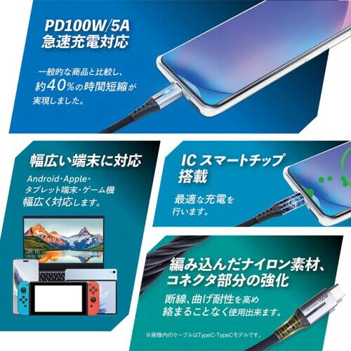 CIEL(シエル) 100W/5A 急速充電ケーブル (タイプA-タイプC) 1m 高密度ナイロン編み...