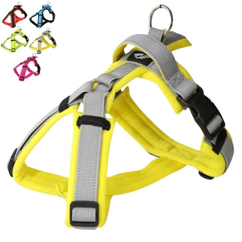 Harness Leash - Hakusan ゼロハーネス 負担軽減 犬用ハーネス サイズ調整可 簡単着脱 夜間反射材 軽量 通気 ハンドル付き ネームプレート XS サイズ メッシュ・イエロー×グレイ