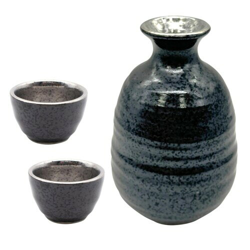 美濃焼 「 プラチナ釉 」 とっくり おちょこ セット 半酒器 黒釉/銀彩 1.5合セット 食器 ギフト プレゼント 父の日 陶器 日本製 464-0010s