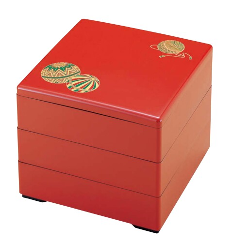 割烹漆器 若泉漆器 お重箱 ?5.5寸重 朱 てまり（内黒）3段 H-166-8A