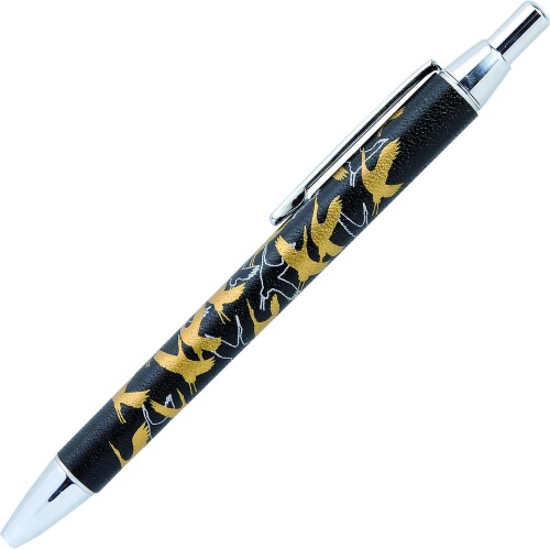 橋本漆芸 ボールペン 本革巻き 本陣蒔絵 黒革 千羽鶴 桐箱入り